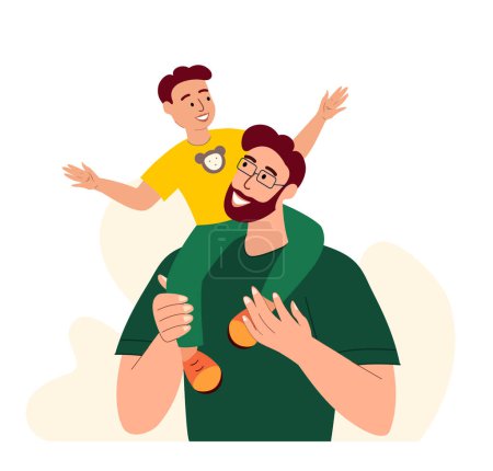 Téléchargez les illustrations : Happy Smiling Father and Son Playing.Young Adult Parent.Baby Boy Sitting on Dad Shoulders.Man Communicate with Child.Boy trust Caring Papa.Family Relatives Have Fun Together.Flat Vector Illustration - en licence libre de droit