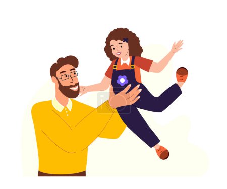 Illustration for Father and Daughter spend time together.Happy father Daddy keep child Girl on hands.Family Loving and Warm relationships,Girl Kid trust her Dad.Man support his Child.Flat vector isolated illustration - Royalty Free Image