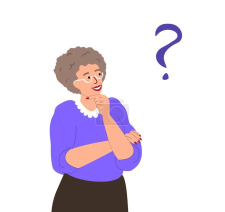 Illustration for Pensive Elderly Retired Woman.Old Forgetful Senior Character Thinking,Alzheimer Disease.Confused Grandmother Forget and Trying Remember.Elderly Woman has Psychological Problem.Troubled Worried Person - Royalty Free Image