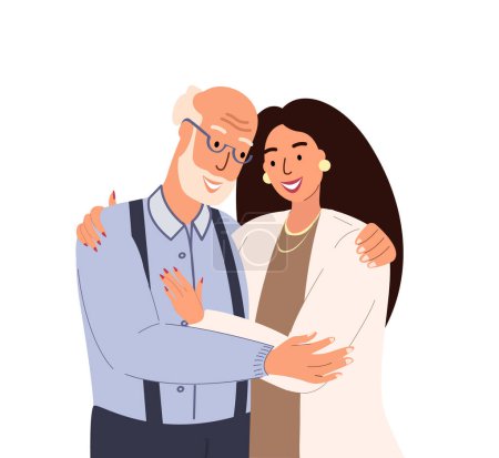 Illustration for Portrait of happy retored Elderly Father and adult daughter hug each other.Adult woman embracing mature parent or grandparent isolated on white.Parent with child feeling love.Flat Vector illustration - Royalty Free Image