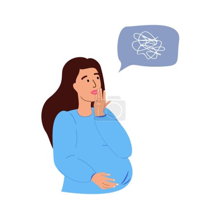 Illustration for Pregnancy and Motherhood Concept. Worried, scared Beautiful Pregnant Caucasian Woman, Young Mother Hold Belly Isolated on White Background.Female Character Prepare for Maternity. Cartoon People Vector - Royalty Free Image