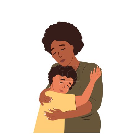 Téléchargez les illustrations : Mère africaine Parent soutenir son fils, soin du garçon, enfant.Mère réconfortante pleurer peau sombre triste kid.Supportive parent aider l'adolescent en difficulté. Illustration vectorielle plat isolé sur fond blanc - en licence libre de droit