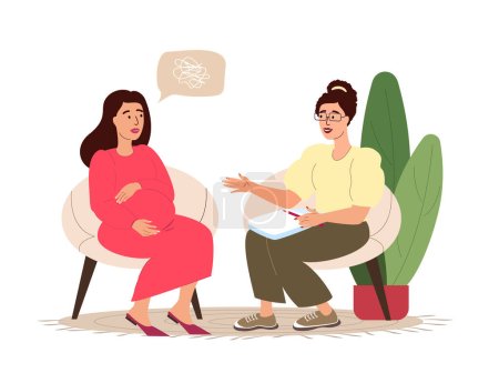 Illustration for Psychological Help for Pregnant. Woman Visit Support Course,Consultation with Psychologist.Childbirth Psychology Assistance,Female Couch Speak About Pregnancy and Maternity.Flat Vector Illustration - Royalty Free Image
