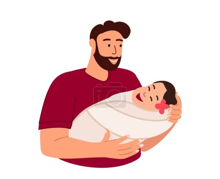 Padre sosteniendo bebé recién nacido.Hombre papá con bebé envuelto en brazos. Lindo niño dormido en manos de papá. Feliz paternidad, decreto, concepto de crianza. Ilustración vectorial plana aislada sobre fondo blanco