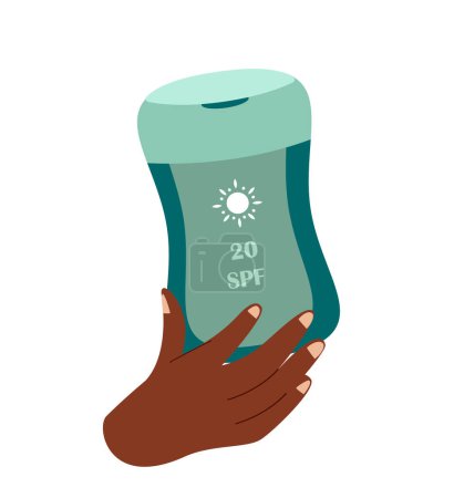 Téléchargez les illustrations : Main tient une bouteille verte d'huile de soin solaire pour bronzage rapide. Crème solaire apaisante pour un bronzage sûr et un bain de soleil sain.Lotion anti-UV. Illustration vectorielle plate isolée sur fond blanc - en licence libre de droit
