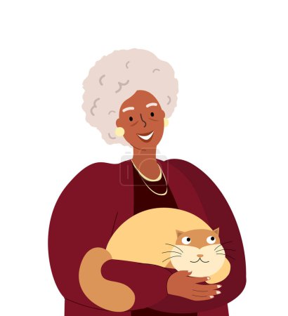 Illustration for Smiling African Senior Lady with cat,happy elderly retired woman hug her fat cat.Happy woman,Old Senior Person wear fashion stylish clothes,accessory.Flat vector illustration isolated,white background - Royalty Free Image