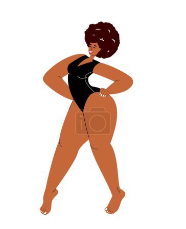 Illustration for African Sexy Woman with plump fat curvy body,wearing swimwear.Confident Attractive plus-size chubby girl in swimsuit.Modern chunky female.Flat graphic vector illustration isolated on white background - Royalty Free Image