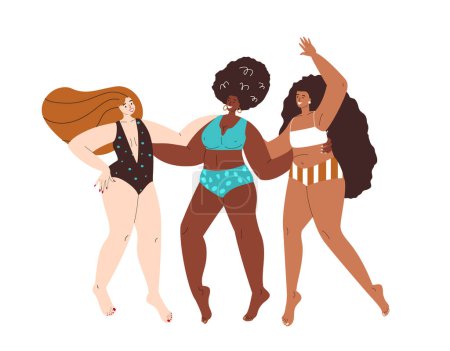 Illustration for Different Women with different figures,shapes,plus-size curvy fat bodies.Plump chubby ladies.Happy pretty chunky girls standing in beach swimsuits.Flat vector illustration isolated on white background - Royalty Free Image
