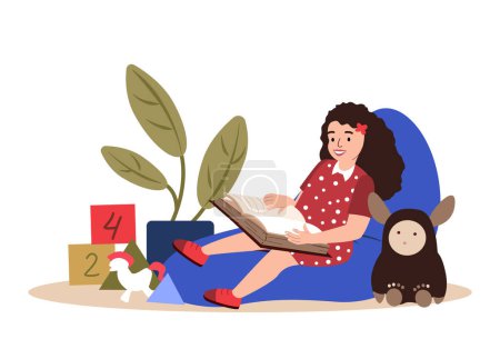 Illustration for Childrens activity in kindergarten.Girl reading a book,playing with toys in nursery classroom.Happy smiling girl sitting in bag chair,cosy room.Flat vector illustrations isolated on white background - Royalty Free Image