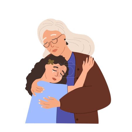Ilustración de Abuela Apoyo de los padres a su nieto, el cuidado de la niña, child.Granny reconfortante llanto triste kid.Supportive padre ayudar a los adolescentes en Difty.Warm abrazos. - Imagen libre de derechos