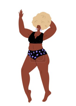 Illustration for African Sexy Woman with plump fat curvy body,wearing swimwear waving hand.Confident Attractive plus-size chubby girl in swimsuit.Modern chunky female.Flat vector illustration isolated,white background - Royalty Free Image
