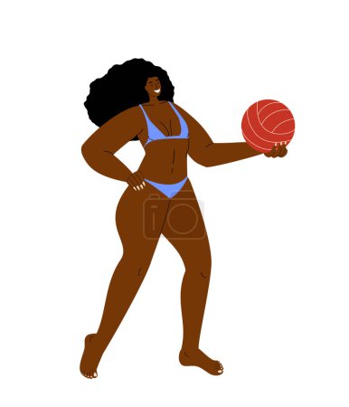 Illustration for African Sexy Woman with plump fat curvy body,wear swimwear stand with basketball ball.Confident Attractive plus-size chubby girl.Modern chunky female.Flat vector illustration isolated,white background - Royalty Free Image