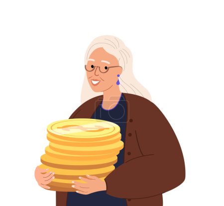 Ilustración de Mujer jubilada jubilada mayor feliz, personaje femenino Hold Pila de dinero, monedas de dólar de oro. Riqueza financiera, acumulación de dinero, ahorros de pensiones, retiro rico adinerado. Vector plano Ilustración - Imagen libre de derechos