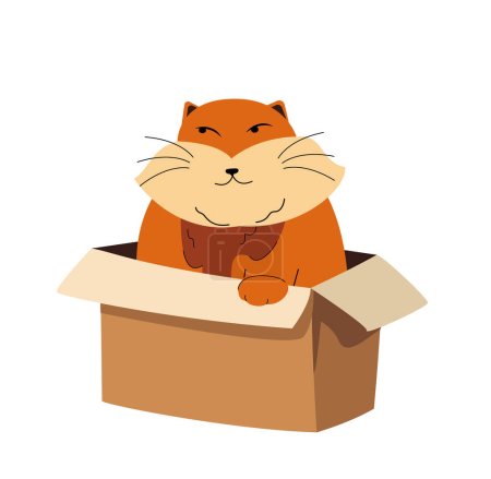 Téléchargez les illustrations : Mignon chat rouge à l'intérieur de la boîte. Chaton drôle assis dans le paquet de carton. Amusant animal de compagnie félin en boîte ouverte. Adorable chaton en conteneur. Illustration vectorielle plate isolée sur fond blanc - en licence libre de droit