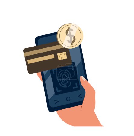 Illustration for Online payment with mobile phone and plastic credit debit card. Paying with electronic money, smartphone, bank app. Internet transaction receipt. Flat vector illustration isolated on white background - Royalty Free Image