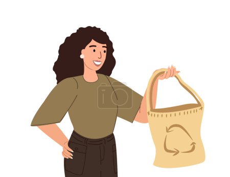 Illustration for Woman use Eco Fabric Cloth Bag Made of Eco-friendly Fabric.Say no to Plastic bags.Upcycling,Recycle,Reutilization,Reduce Waste Concept.Environment Friendly day.Flat Vector illustration isolated,white - Royalty Free Image
