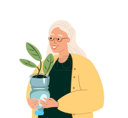 Illustration for Gardener Old woman Upcycling plastic bottles cutting utilized jar to plant seedling,plants,flowers.Vertical gardening. Illustration of recycling,reutilization.Reducing waste.Flat vector illustration - Royalty Free Image