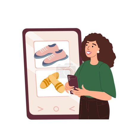 Téléchargez les illustrations : Concept d'achat en ligne.Femme avec téléphone portable, smartphone, faire des achats dans un magasin en ligne, commander des chaussures sur le marché numérique, le marché. - en licence libre de droit
