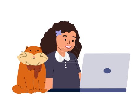 Ilustración de Chica y gato se sientan en casa.Niño feliz Chica y lindo gato durante la educación en línea o ver películas, videollamada. - Imagen libre de derechos