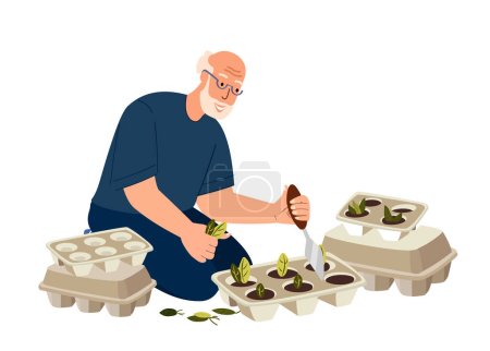 Illustration for Gardener pensioner Upcycling expended egg box Old retired man cut Utilized container to plant seedling, flowers and plants.Recycling and reutilization Reducing Waste concept Flat vector illustration - Royalty Free Image
