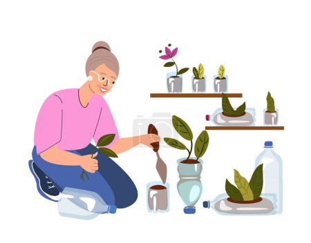 Illustration for Gardener Old woman Upcycling plastic bottles cutting utilized jar to plant seedling and flowers.Retired gardener. Illustration of recycling and reutilization. Reducing waste. Flat vector illustration. - Royalty Free Image