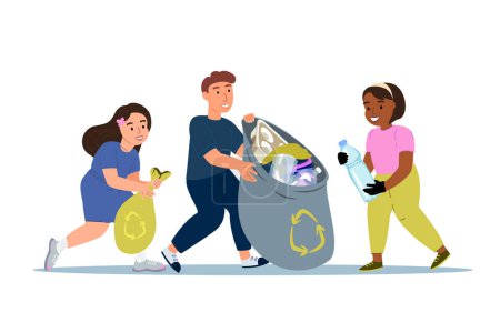 Téléchargez les illustrations : Les enfants tirent le sac poubelle. Sauvez la planète. Personnages d'enfants Environnement de nettoyage, Recyclage des ordures, Protection de l'écologie, Organisme de bienfaisance social Bénévoles Nettoyage City Park. - en licence libre de droit