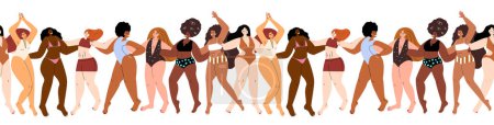 Illustration for Endless Pattern.Different Confident Women with different figures,shapes,plus-size curvy fat bodies.Plump chubby ladies .Happy pretty chunky girls standing in beach swimsuits.Flat vector illustration - Royalty Free Image