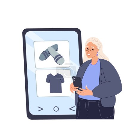 Illustration for Online shopping concept.Pensioner Elderly Woman with mobile phone,smartphone,making purchase in internet store, ordering shoes in digital market,marketplace.Flat vector illustration isolated - Royalty Free Image