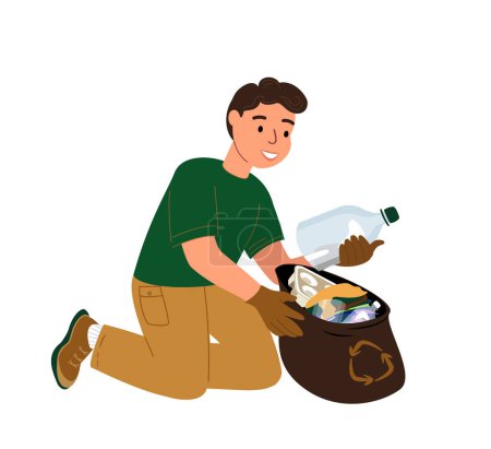 Illustration for Kid Boy Pull Garbage Sack. Save the Planet. Child Character Cleaning Environment,Garbage Recycling, Ecology Protection, Social Charity Volunteer Cleaning City Park.Cartoon People Vector Illustration - Royalty Free Image