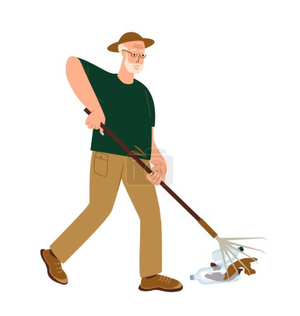 Illustration for Old man raking litter with raker.Retired Aged Volunteer cleaning environment from plastic garbage.Eco-activist working.Nature cleanup concept. flat vector illustration isolated on white background - Royalty Free Image