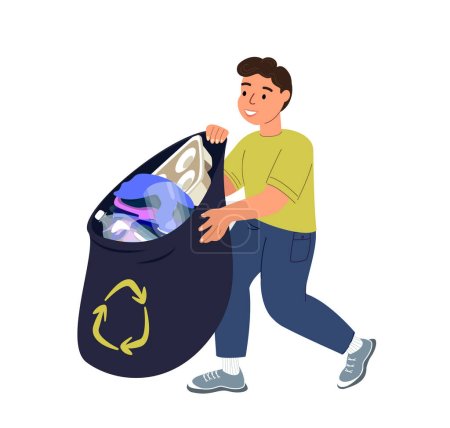Illustration for Kid Boy Pull Garbage Sack. Save the Planet. Child Character Cleaning Environment,Garbage Recycling, Ecology Protection, Social Charity Volunteer Cleaning City Park.Cartoon People Vector Illustration - Royalty Free Image