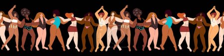 Illustration for Endless Pattern .Different Confident Women with different figures,shapes,plus-size curvy fat bodies.Plump chubby ladies .Happy pretty chunky girls standing in beach swimsuits.Flat vector illustration - Royalty Free Image