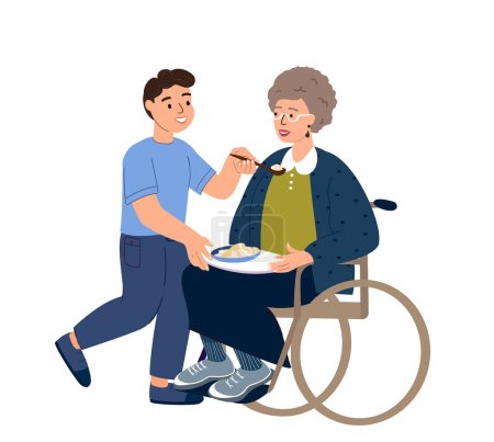 Illustration for Loving grandchild feeding his old disabled granny in the wheelchair holding and supporting her. Family support concept illustration. Happy son caring for his senior mother receiving help. Flat vector - Royalty Free Image