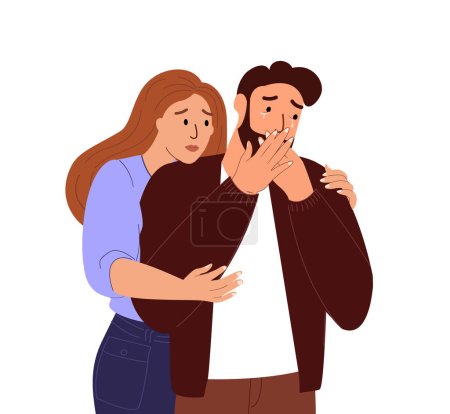 Illustration for Weak suffering emotional man hiding his tears and grief.Woman hug,supporting and comforting her crying man,stress,despair.Worried nervous afraid suffering man.Flat vector illustration,white background - Royalty Free Image
