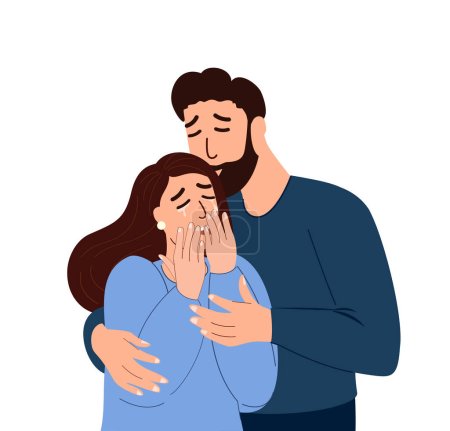 Illustration for Man hug,supporting and comforting his crying woman, partner in stress and despair.Couple in grief together.Worried nervous afraid person suffering.Flat vector illustration isolated on white background - Royalty Free Image