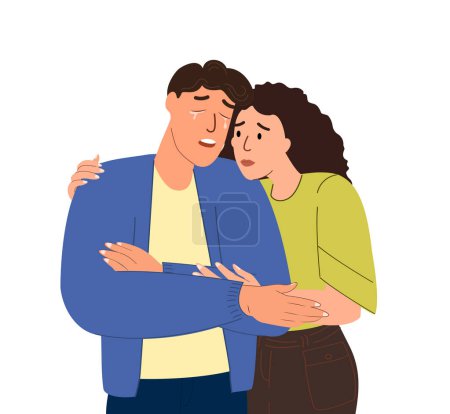 Illustration for Woman hug,supporting and comforting her crying man, partner in stress and despair.Couple in grief together.Worried nervous afraid person suffering.Flat vector illustration isolated on white background - Royalty Free Image