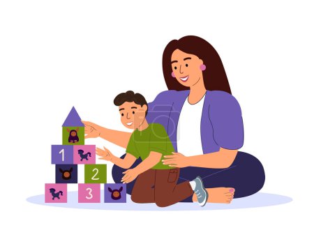Illustration for Happy Smiling Family Playing Cubes Bricks Game.Young Adult Parent.Mother,Mom Communicating with Baby Child Kid Son.Boy,Children ,Caring Babysitter.Having Fun Together.Flat Vector Illustration Isolated - Royalty Free Image