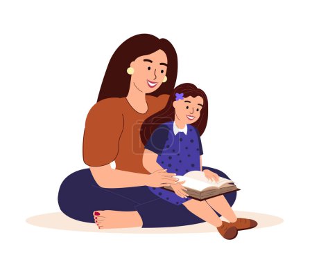 Illustration for Loving Mother and daughter reading book together.Mom hug Child Girl.Spend time together.Love and trust of mom,child.Supporting, Family relationships.Flat vector illustration isolated,white background - Royalty Free Image