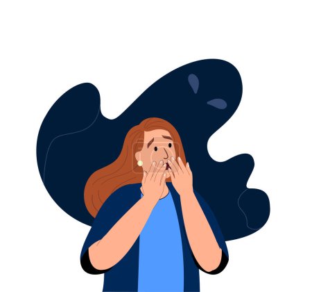 Illustration for Scared anxious woman in stress,despair and fear.Worried nervous afraid person suffering from panic attack,anxiety,phobias.Psychology trauma concept.Flat vector illustration isolated , white background - Royalty Free Image