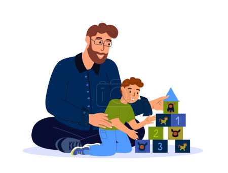 Illustration for Happy Smiling Family Playing Cubes Bricks Game.Young Adult Parent.Father,Dad Communicating with Baby Child Kid Son.Boy,Children,Caring Babysitter.Having Fun Together.Flat Vector Illustration Isolated - Royalty Free Image