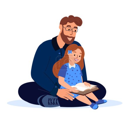 Illustration for Loving Father and daughter reading book together.Dad hug Child Girl.Spend time together.Love and trust of mom,child.Supporting, Family relationships.Flat vector illustration isolated,white background - Royalty Free Image