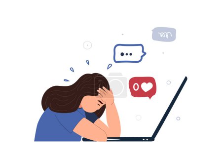 Illustration for Afraid Nervous Worried Girl in Emotional Burnout and Panic Attack.Disappointed Depressed Child.Zero Like,Dislike.Sad Anxited Frustrated Kid.Sensitive Upset Stressed Teen Child.Flat Vector Illustration - Royalty Free Image