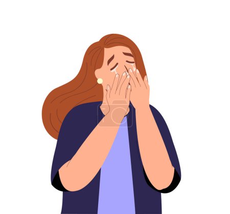 Illustration for Sad suffering emotional woman with tears on face. Sensitive vulnerable woman in grief.Crying woman in stress,despair.Worried nervous afraid girl.Flat vector illustration,white background isolated - Royalty Free Image