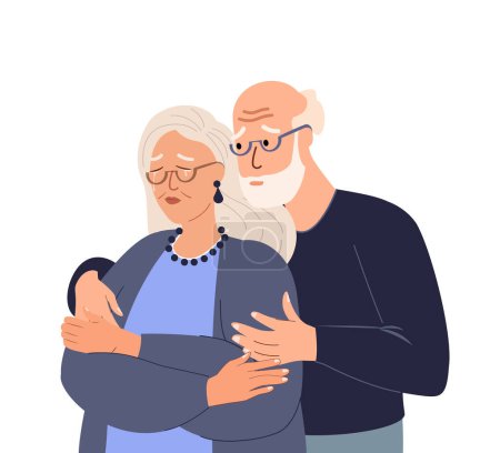 Ilustración de Hombre de edad abrazo, apoyando y consolando a su mujer llorando, pareja en el estrés y la desesperación.Jubilado Pareja de ancianos en el dolor juntos.Preocupado persona nerviosa.Ilustración vectorial plana aislado fondo blanco - Imagen libre de derechos