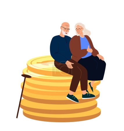Illustration for Senior Happy Pensioner Couple sitting on Huge pile of gold coins.Financial Money Wealth Concept ,Pension Deductions,Savings,Wealthy Stable Retirement.People Flat Vector Illustration isolated on white - Royalty Free Image