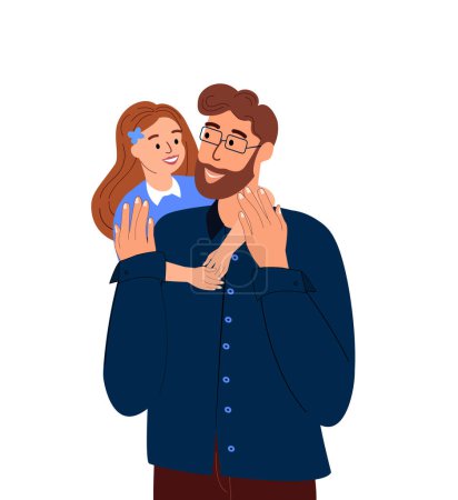 Illustration for Father and Daughter spend time together.Happy father Daddy keep child Girl on shoulders.Loving Family,Warm relationships,Girl Kid trust her Dad.Man support his Child.Flat vector isolated illustration - Royalty Free Image