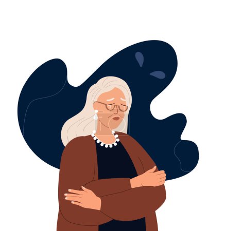 Illustration for Pensive Elderly Woman,Amnesia,Mess in head.Scared Senior Character in stress,despair,fear.Confused Grandmother,suffering ,panic attack,anxiety,phobias.Troubled Worried Old Retired.Flat Illustration - Royalty Free Image
