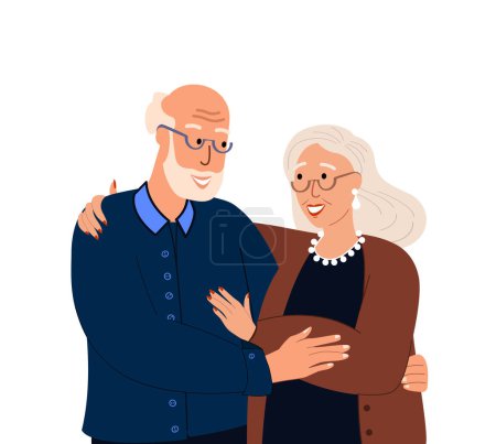Ilustración de Smiling Pensioners Elder Senior couple.Happy anciano jubilado abrazar a su woman.Happy relations.Old cónyuge mayor con ropa de moda.Flat vector ilustración aislado, fondo blanco - Imagen libre de derechos