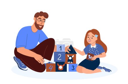 Illustration for Happy Smiling Family Playing Cubes Bricks Game.Young Adult Parent.Father,Dad Communicating with Baby Child Kid Daughter.Girl,Child,Caring Babysitter.Having Fun Together.Flat Illustration Isolated - Royalty Free Image