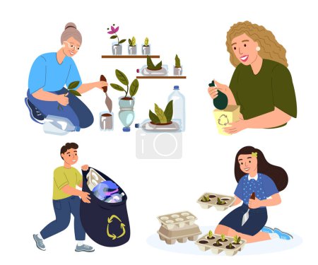 Illustration for Zero waste concept.Earth day.Upcycling plastic bottles,eggs containers, utilized jar to plant seedling,plants,flowers.Cleaning Litter.Recycling,reutilization.Reducing waste.Flat vector illustration - Royalty Free Image